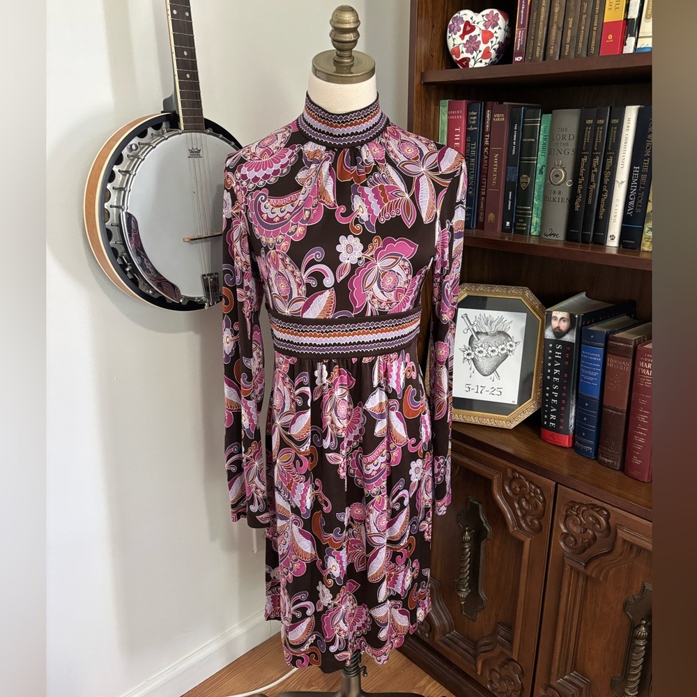 TRINA TURK Silk Mod Contrast Floral Print High Neck Dress SZ Med Office 70s